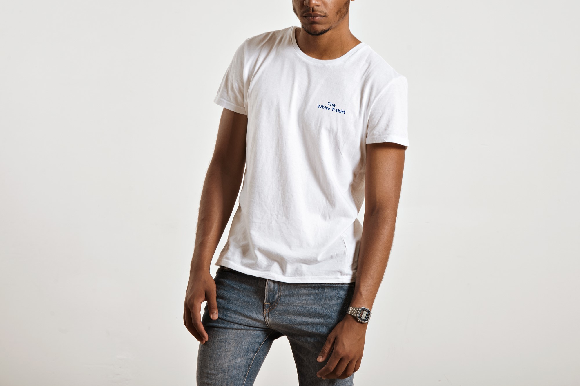 model wearing a white t-shirt. Front view